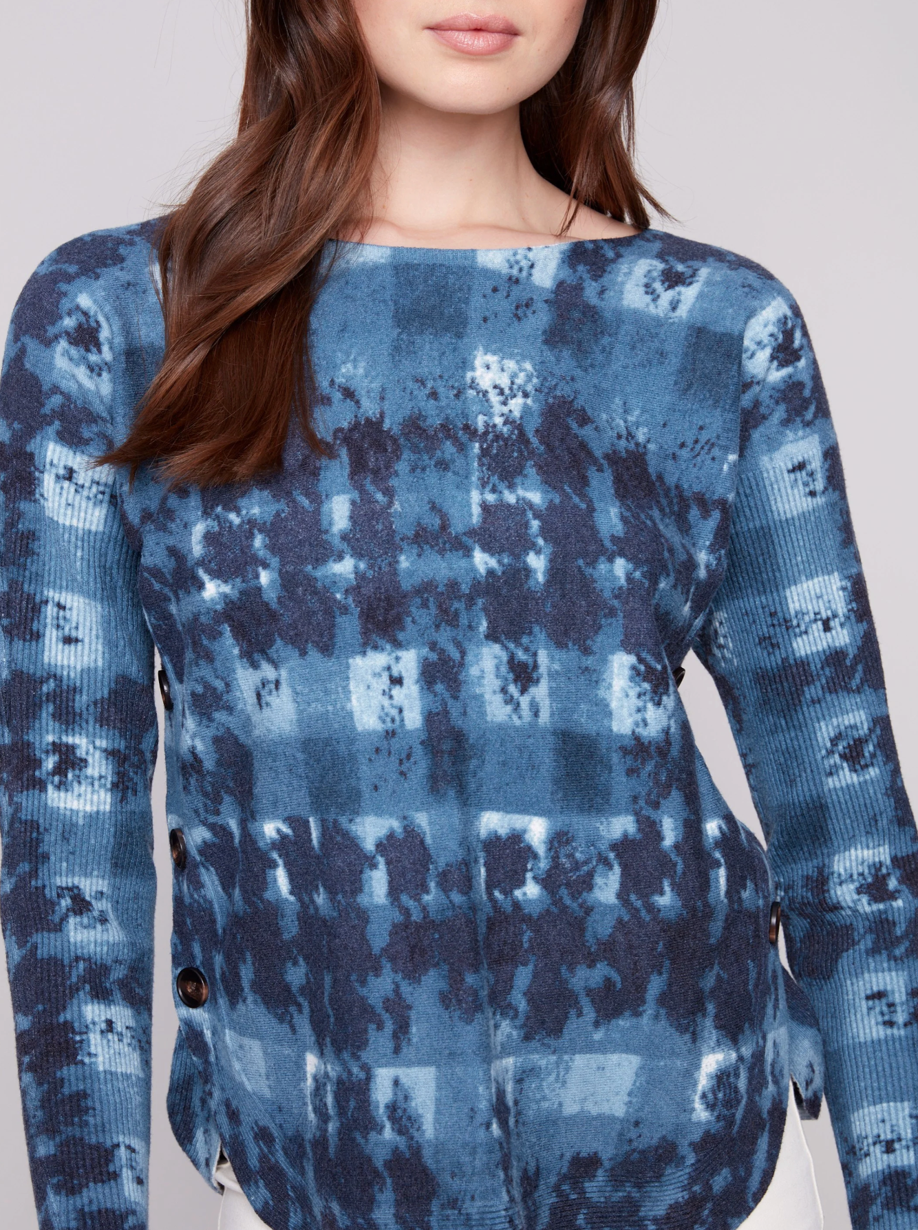 Printed Boat Neck Sweater With Side Buttons