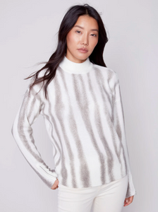 Printed Mock Neck Sweater with Zipper Detail