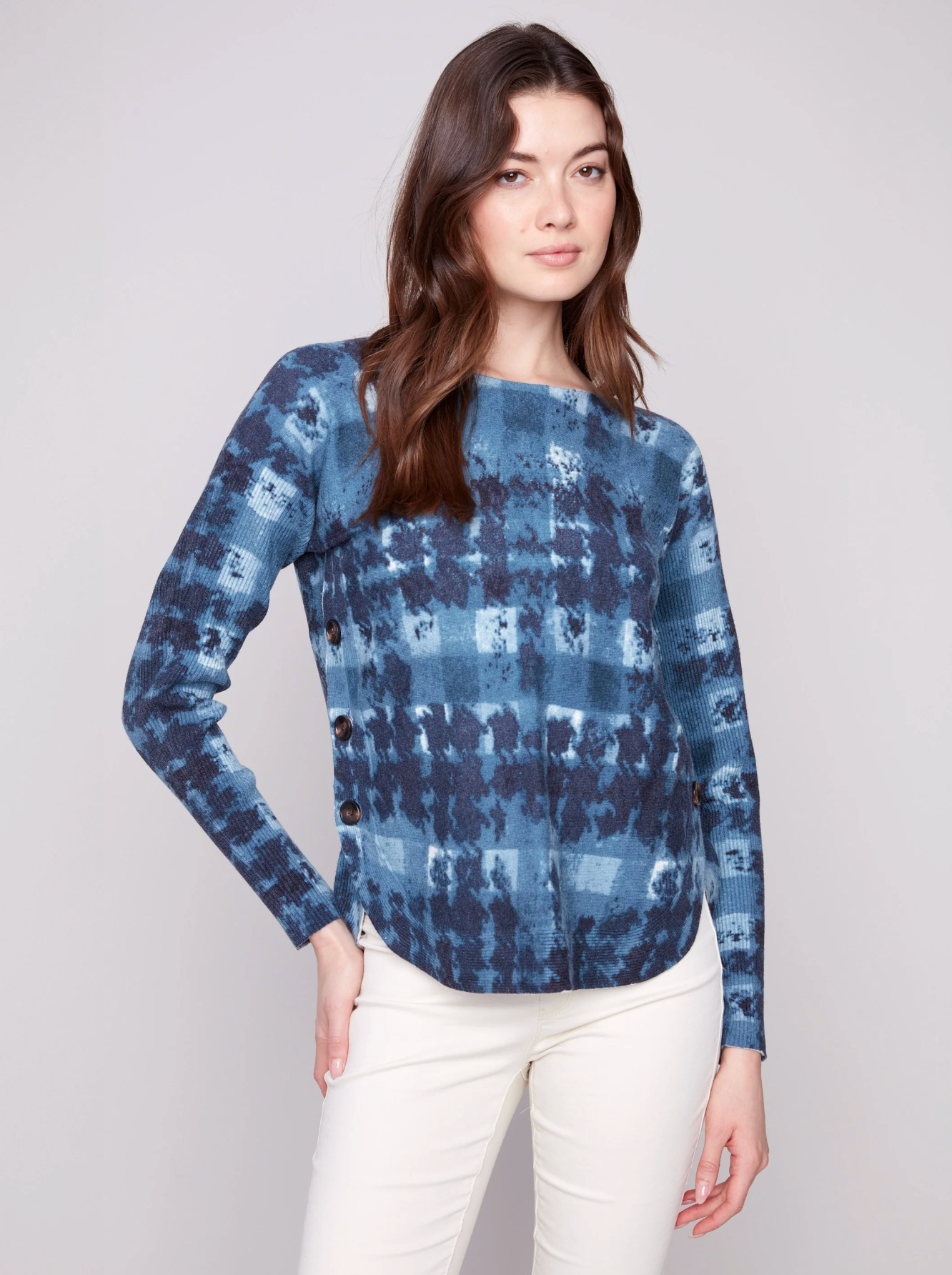 Printed Boat Neck Sweater With Side Buttons