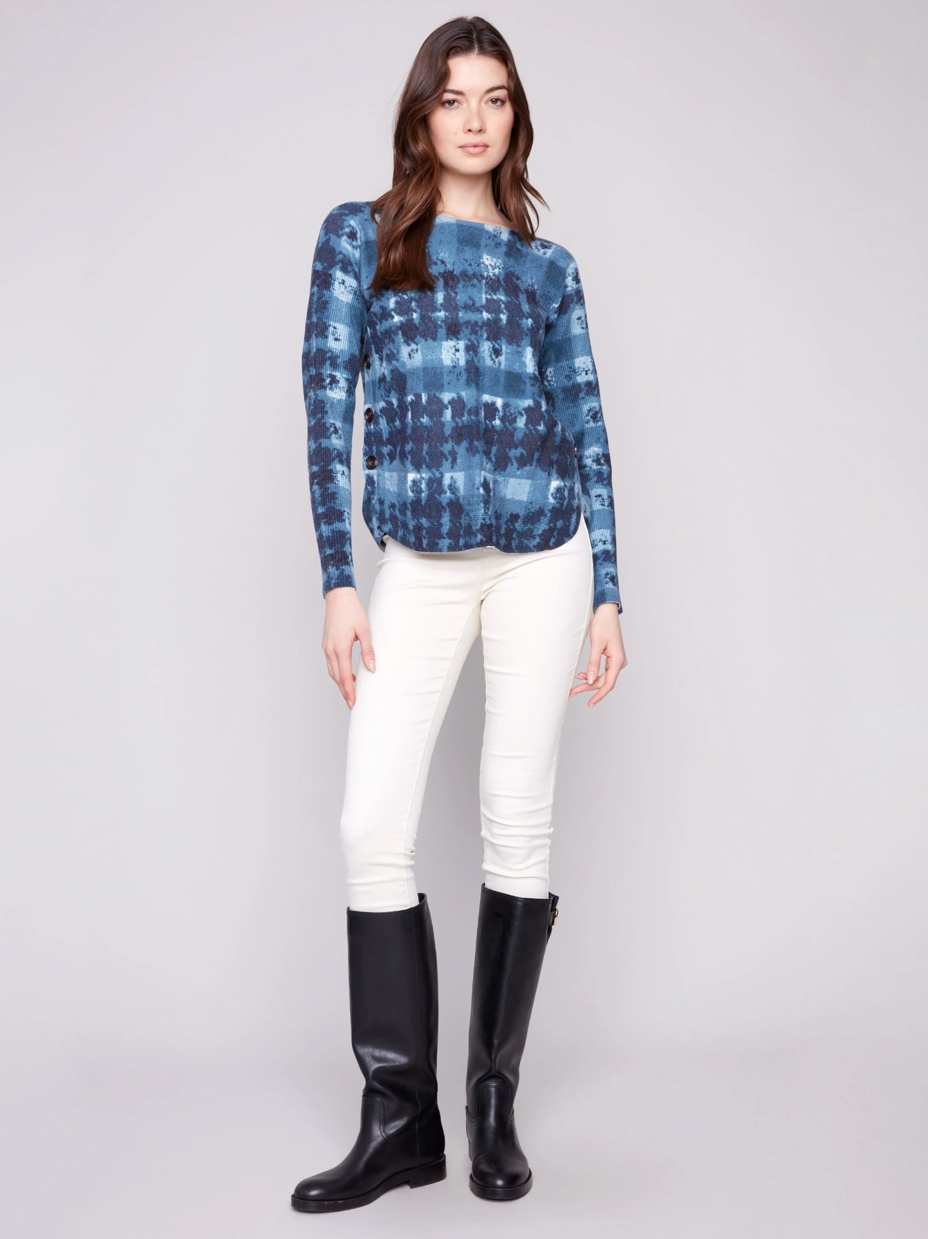 Printed Boat Neck Sweater With Side Buttons