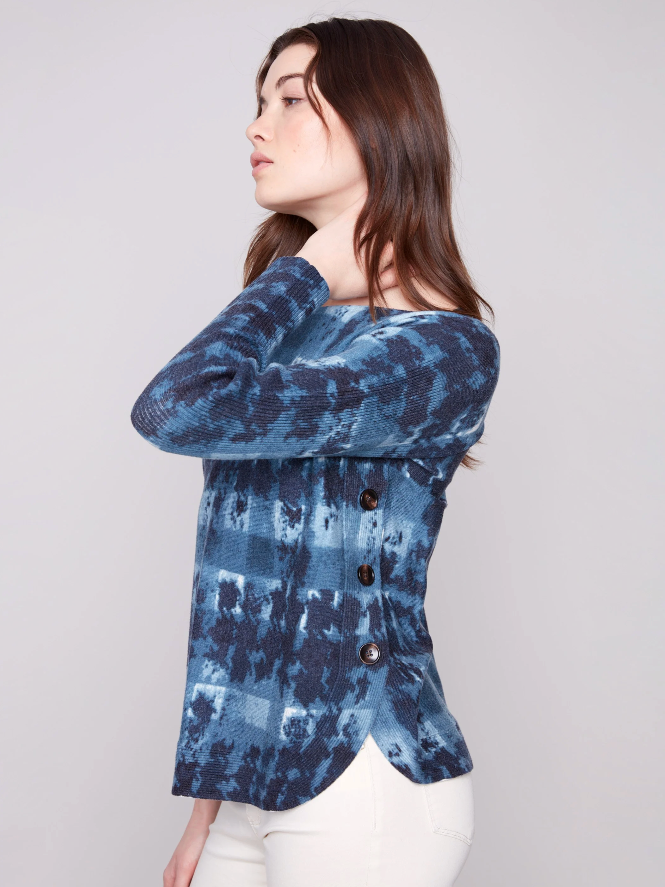 Printed Boat Neck Sweater With Side Buttons