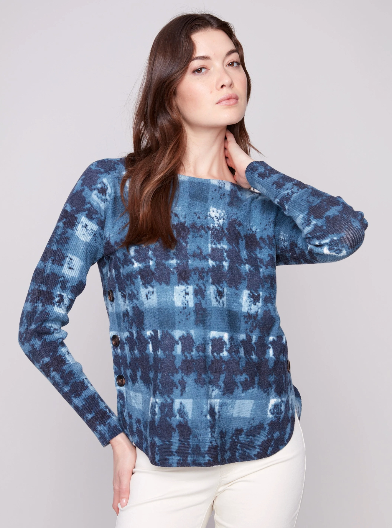 Printed Boat Neck Sweater With Side Buttons