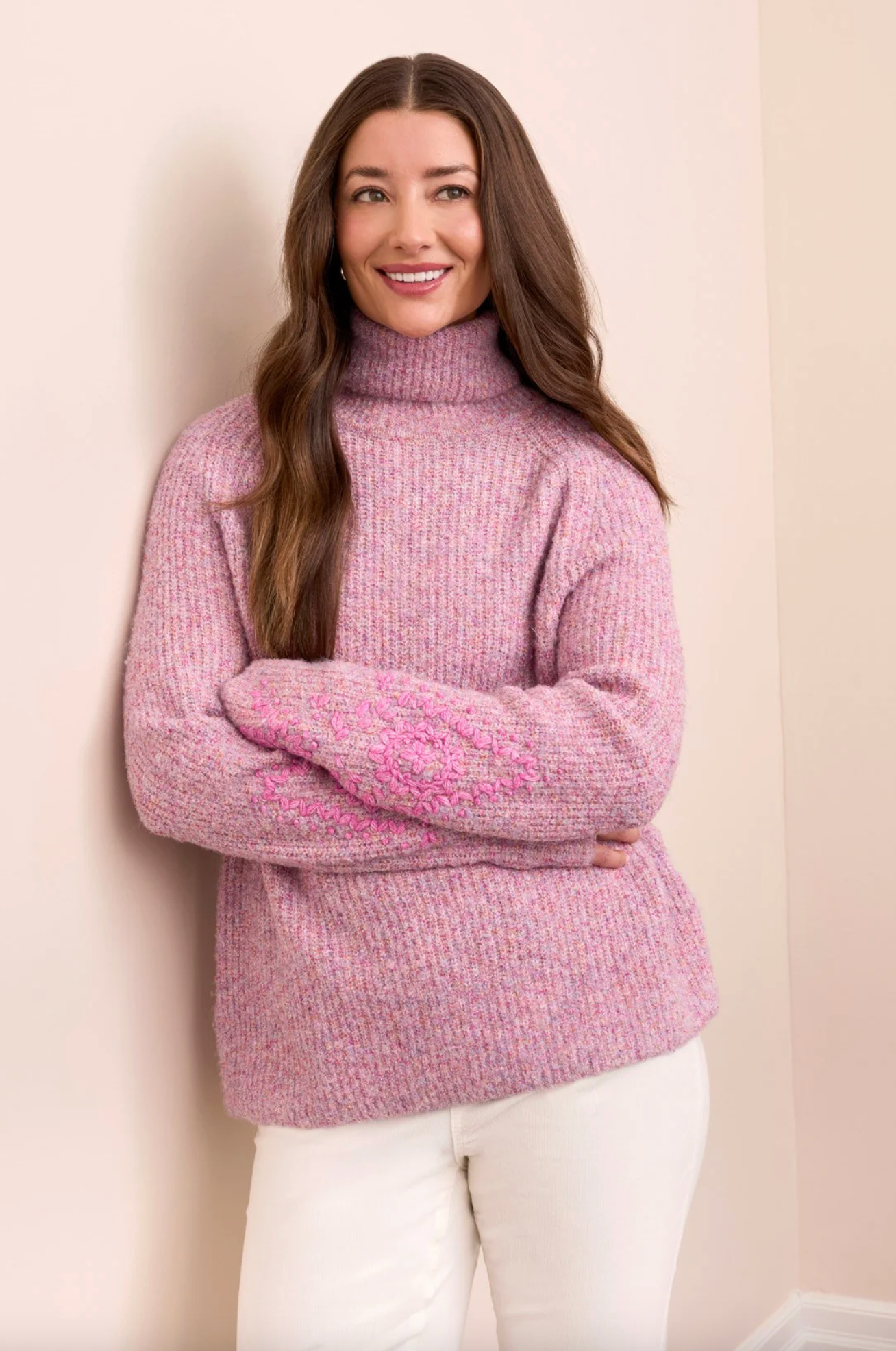 Embroidered Long-Sleeve Turtle Neck Sweater