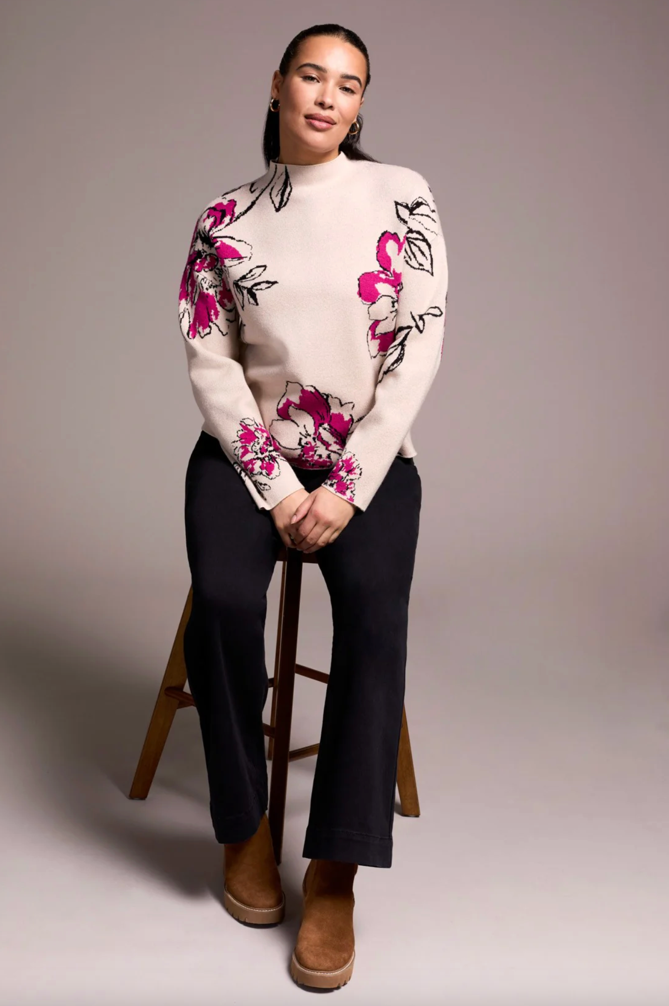 Knit Jacquard Funnel Neck Sweater