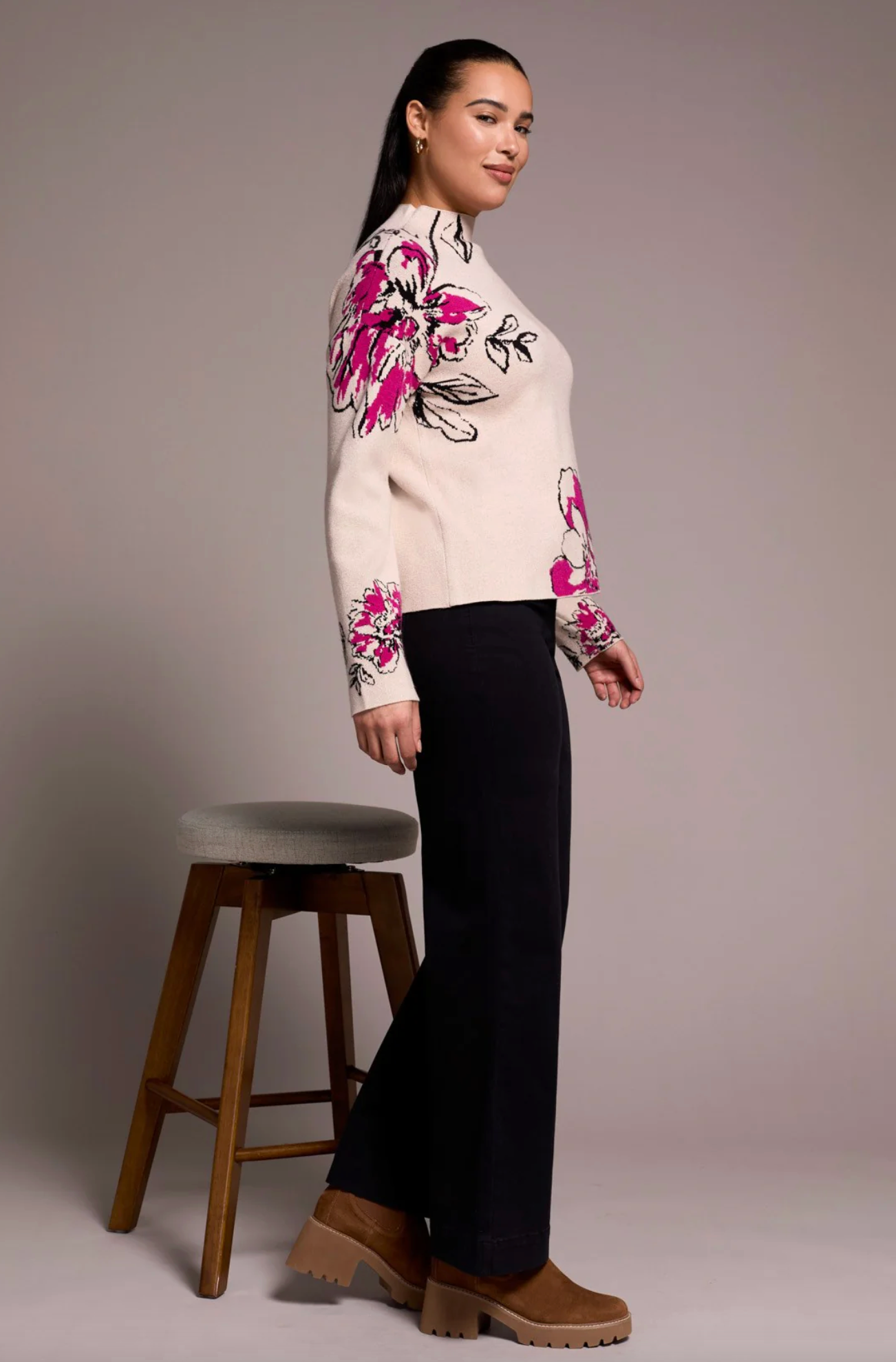 Knit Jacquard Funnel Neck Sweater