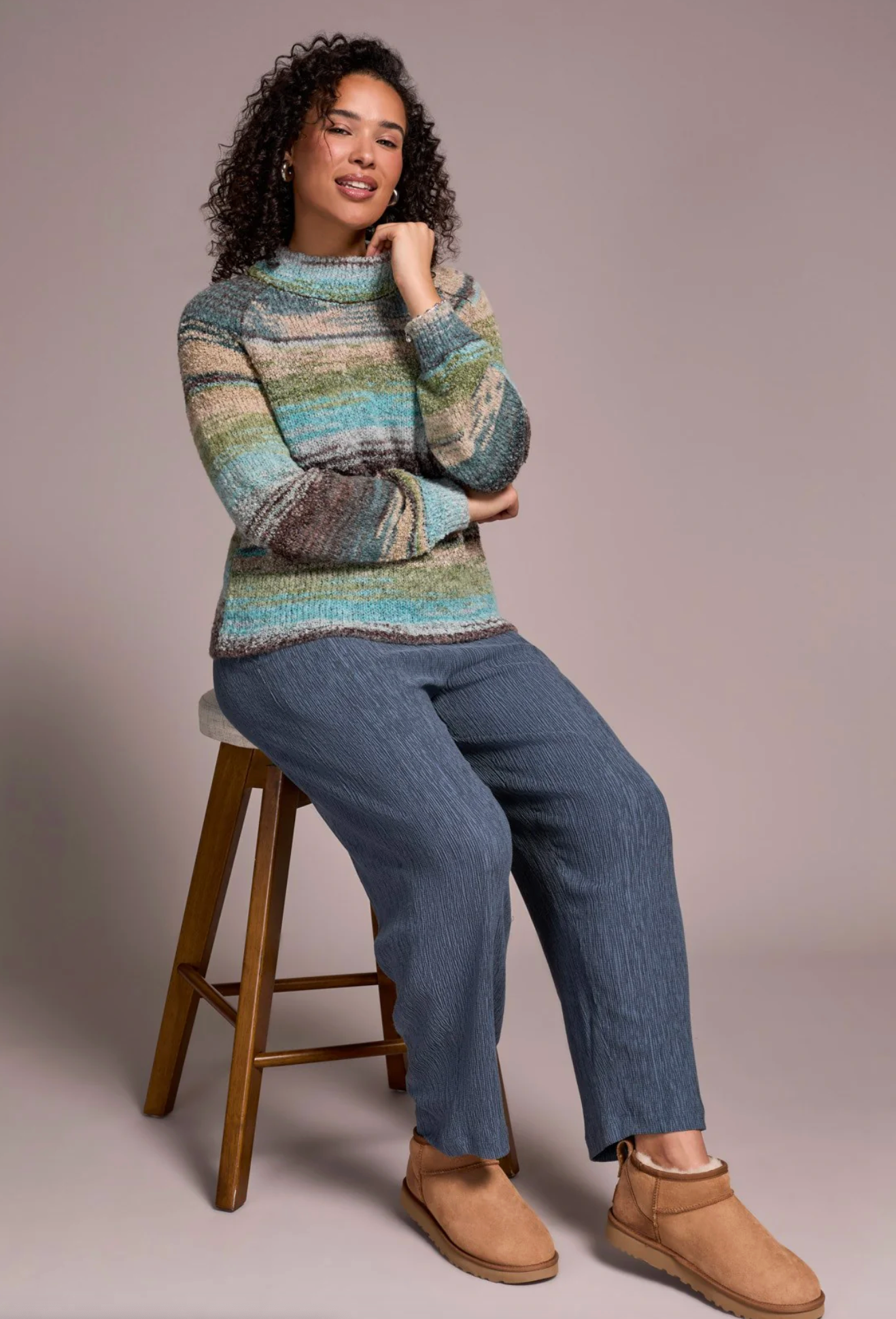 Boucle Yarn Mock Neck Puff Sleeve Sweater