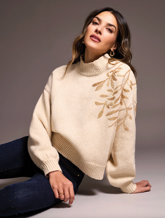 Sequin Floral Applique Mock Neck Sweater