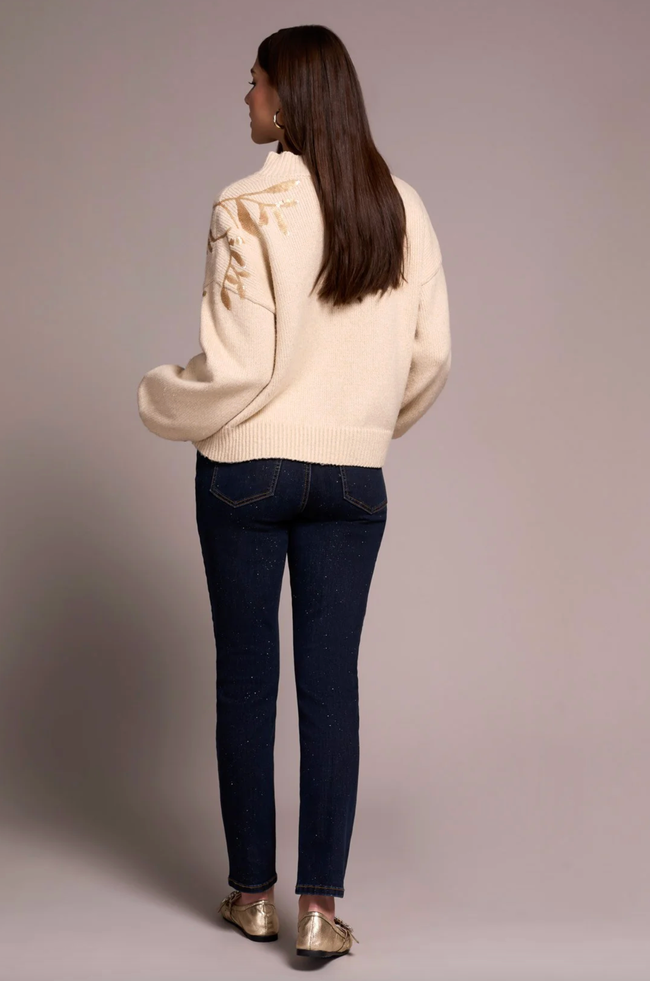 Sequin Floral Applique Mock Neck Sweater