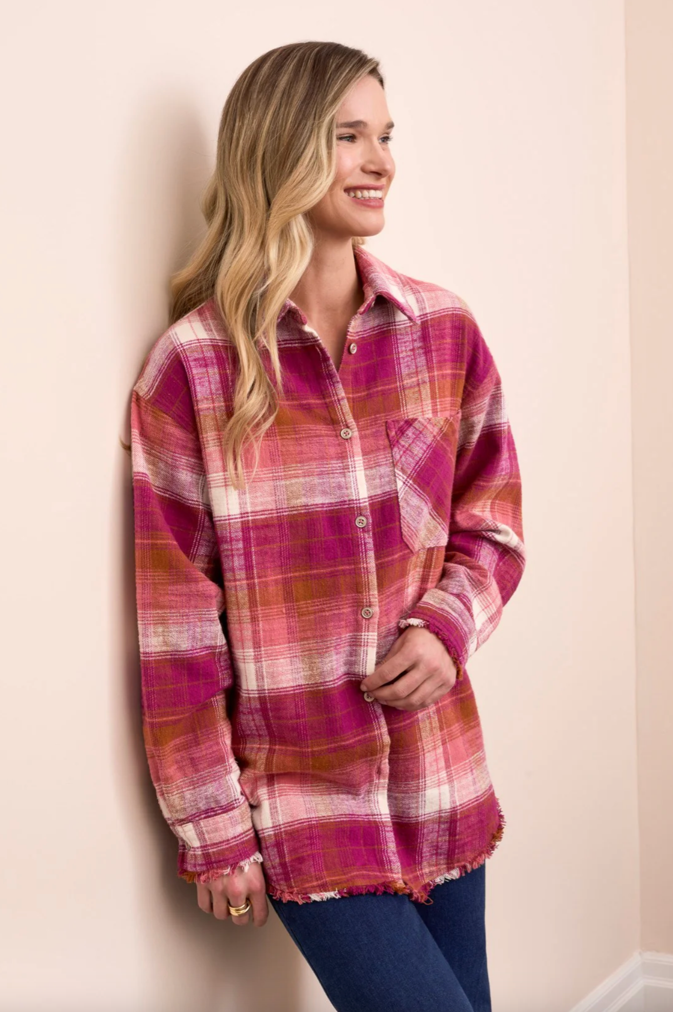 Oversized Flannel Fringed-Hem Shirt
