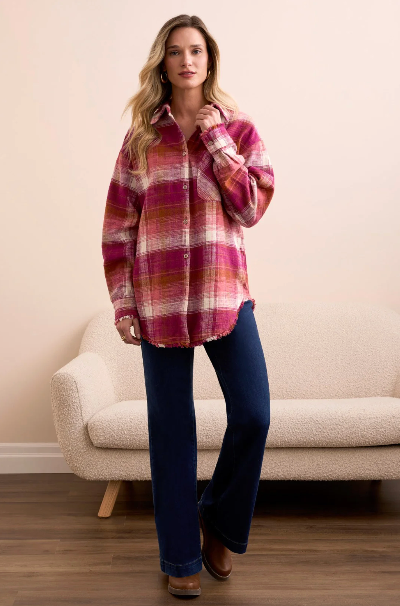 Oversized Flannel Fringed-Hem Shirt