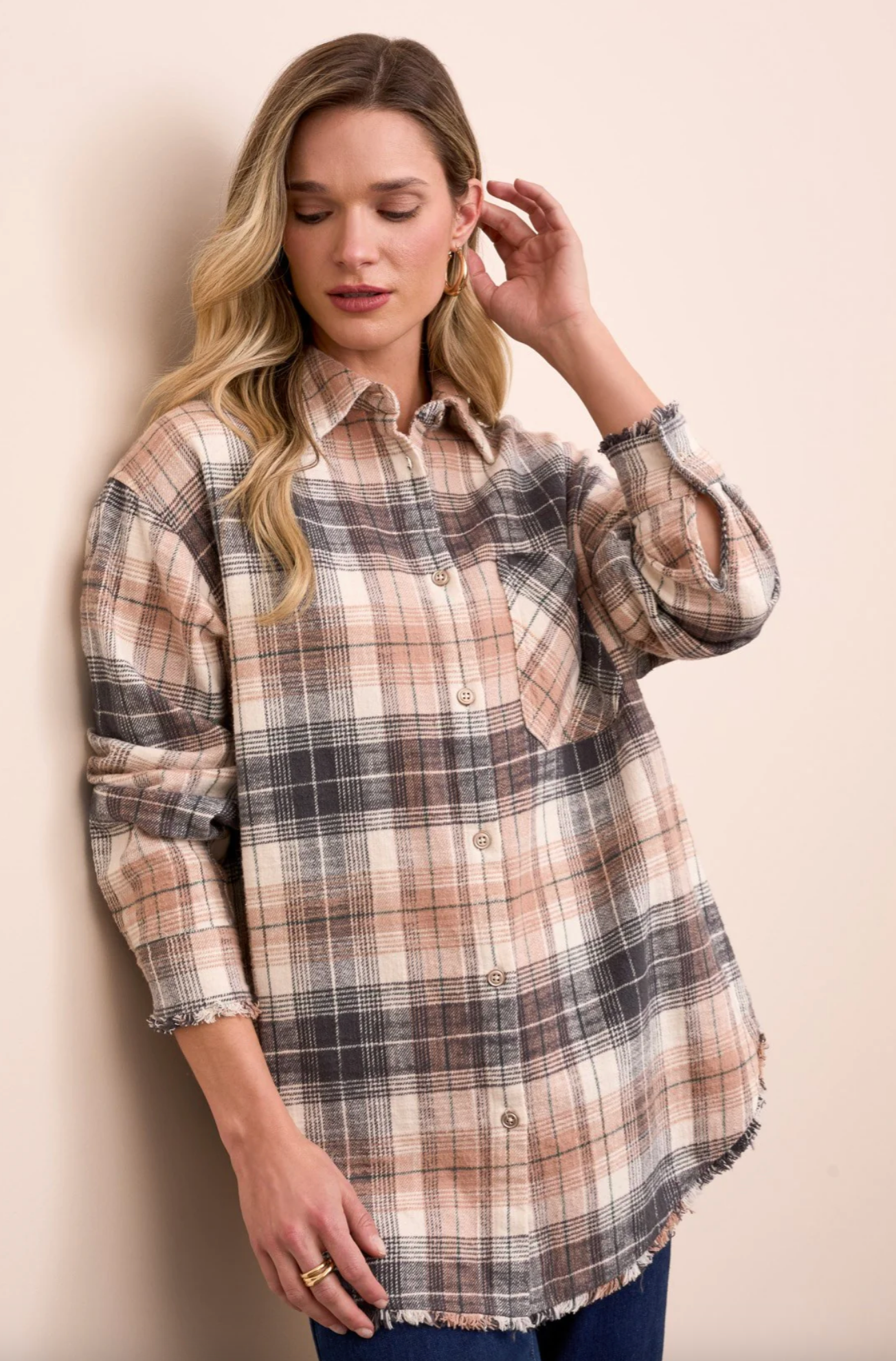 Oversized Flannel Fringed-Hem Shirt
