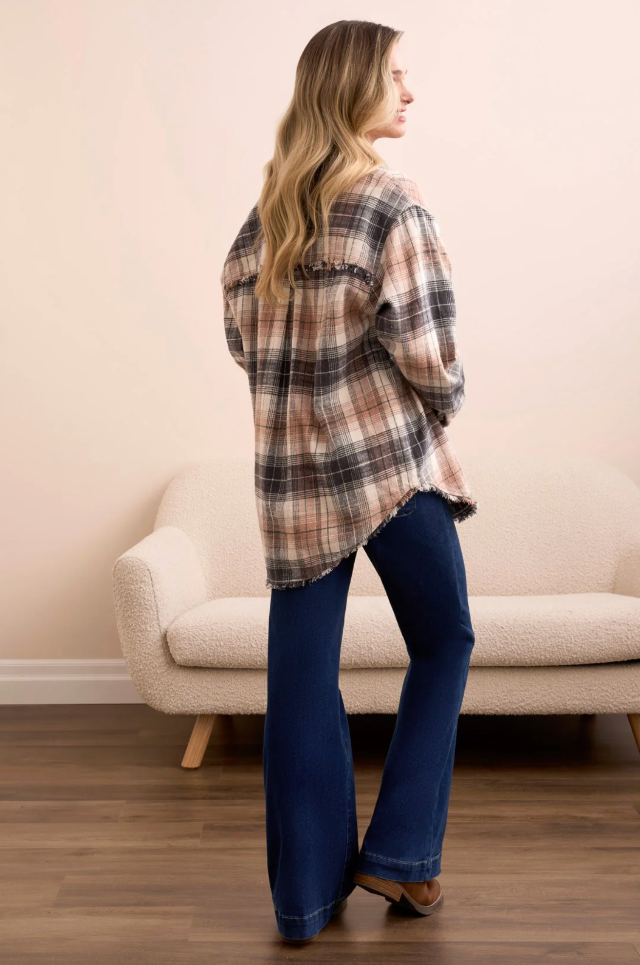 Oversized Flannel Fringed-Hem Shirt