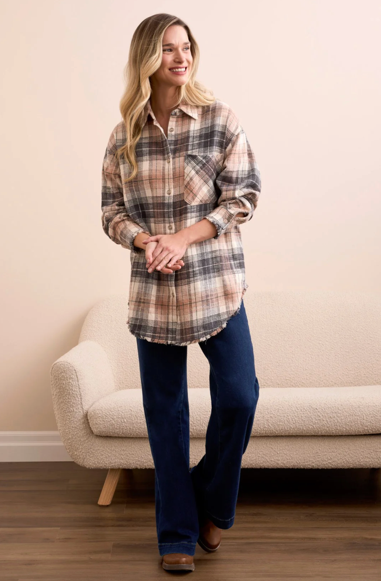 Oversized Flannel Fringed-Hem Shirt