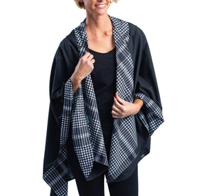 Reversible Travel Cape in Black & White Houndstooth Plaid