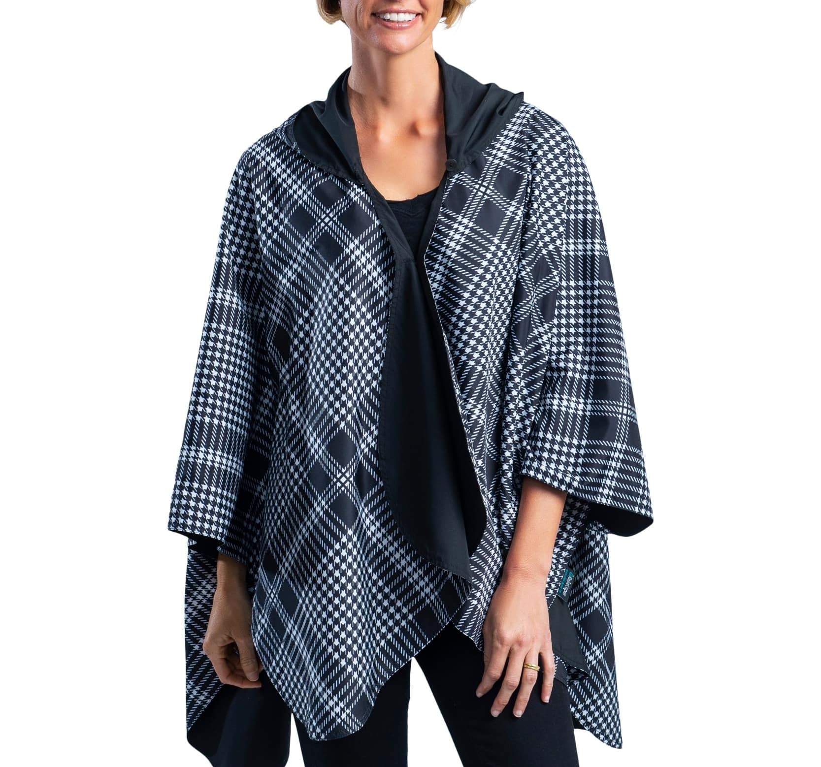 Reversible Travel Cape in Black & White Houndstooth Plaid